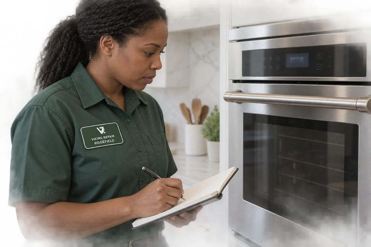 Illustrative technician recording oven control-panel observations in a Ridgefield uniform.